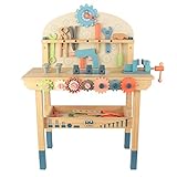 Wooden Power Tool Workbench for Kids, Building Tools Sets Pretend Play Toys - Construction Workbench with Wrench, Screwdriver, Miter Saw and Hammer - Educational Gift for Toddlers Age 3 and Up