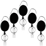 5 Pack Heavy Duty Retractable Badge Reel Id Card Holder with Clip and Key Ring Carabiner Keychain with Belt Clip Black Vertical Reels Holders for Nurse Doctor Office Worker Specialist Clear Name
