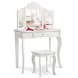 HONEY JOY Kids Vanity Set with Mirror, 2-in-1 Wooden Toddler Vanity Table with Stool, Tri-Folding Mirror & Drawer, Removable Top, Princess Pretend Play Beauty Makeup Vanity for Little Girls (White)
