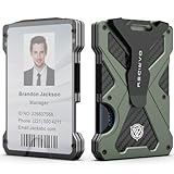 Minimalist Wallet for Men- Slim Aluminum Metal Money Clip Wallet with Clear ID Card Holder, RFID Blocking, Holds up 15 Cards with Cash Clip, Ultra-Thin Tactical Carbon Fiber Wallet-Army Green