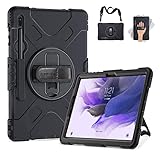 SUPFIVES Case for Samsung Galaxy Tab S7 FE/ S8 Plus 12.4 Inch: [Upgraded Military Grade] Full-Body Rugged Protective Soft Silicone Cover - Kick Stand- Handle/Shoulder Strap- S Pen Holder- Black