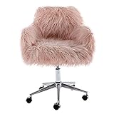 Goujxcy Fluffy Desk Chair, Faux Fur Swivel Home Office Chair Height Adjustable Vanity Accent Chair for Girls Women, Modern Cute Furry Makeup Chairs for Bedroom Living Room, Pink