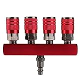 Hromee 4-Way Straight Air Manifold 5 Ports Aluminum Industrial Pneumatic Air Compressor Quick Connect Socket In Line Type Air Hose Splitter with 4 Couplers and 1/4' Male NPT Plug
