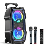 Karaoke Machine, Wireless Bluetooth PA System for Adults & Kids with Dual 8'' Subwoofers, 2 UHF Wireless Mics, Colorful LED Lights, Ideal for Home Karaoke, Party, Stage Performance (VS-0808)