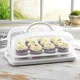MosJos 2in1 Cupcake Carrier and Cake Keeper with Lid, Cupcake Box to Fit 12, Sturdy, BPA-Free Cupcake Holder with Two Secure Side Closures, Dishwasher Safe (White)