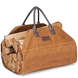 G GOOD GAIN Firewood Carrier Waxed Canvas with Leather Handles, Wood Carrier for Firewood, 36x18.5 in Heavy Duty Firewood Storage Tote, Fireplace Log Carrier Indoor Bag, Wood Stove Accessories. Khaki