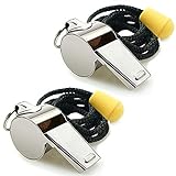 Hipat Whistle, 2 Pack Stainless Steel Sports Whistles with Lanyard, Loud Crisp Sound Whistles Great for Coaches, Referees, and Officials (Silver(Stainless Steel))