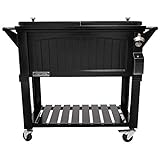 Permasteel 80-Qt Antique Patio Cooler for Outside | Outdoor Beverage Cooler Bar Cart, Rolling Cooler with Wheels and Handles, Wooden Teak Accent, Black