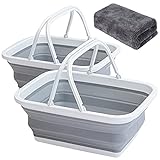 AUTODECO 2 Pack Collapsible Sink with Handle Towel, 2.37 Gal / 9L Foldable Wash Basin for Washing Dishes, Camping, Hiking and Home Gray