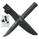 Survivor HK-690B Fixed Blade Survival Knife, Black Double Reverse Serrated Blade, Black Metal Handle, 8-1/2-Inch Overall