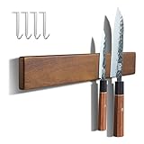 ENOKING Knife Magnetic Strip, Magnetic Knife Holder for Wall 16 Inch, Powerful Magnetic Knife Strip Acacia Wood Magnetic Knife Holder for Refrigerator, Wall Mount Magnet Knife Bar with 4 Hooks