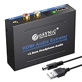 eSynic 4K HDMI Audio Extractor HDMI to HDMI + Optical TOSLINK SPDIF + Analog RCA L/R +3.5mm Jack Stereo Audio Video Splitter Converter with Power ON/Off Switch Support 4K Full HD1080p 3D