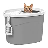 IRIS USA Oval Top Entry Cat Litter Box with Scoop, Kitty Litter Tray with Litter Catching Lid Less Tracking Dog Proof and Privacy Large, Gray/White