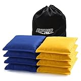 JMEXSUSS Weather Resistant Standard Corn Hole Bags, Set of 8 Regulation Cornhole Bags for Tossing Game,Corn Hole Beans Bags with Tote Bag（Blue Yellow）