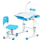 UNICOO - Kids Desk Chair Set with Premium Quality LED Lamp, Crank Height Adjustable Children Study Desk with Tilt Desktop, Pull Out Drawer Storage, New Designed Bookstand (TS-A801-B) Blue
