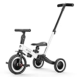 newyoo Toddler Bike, 4 in 1 Tricycles for 1,2,3 Year Olds, Balance Bike, Birthday Gift & Toy for Boys and Girls, Kids Tricycle with Parent Steering Push Handle, Removable Pedals, White, TR006
