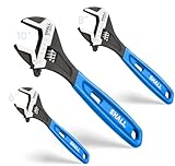 SHALL 3-Piece Adjustable Wrench Set, 10/8/6 Inch Cr-V Steel Wrench with Cushion Grip, Wide Jaw Black Oxide Wrench with Laser-etched SAE Scales for Home, Garage, Workshop and DIY, Dark Blue