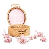 Hey! Play! Kids Tea Set-Mini Porcelain Tea Party 17pc. Playset with Cups, Saucers, Spoons, Teapot, Carrying Basket-Pink Flower Design-Pretend Play (80-TK127667) , White