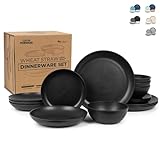 Grow Forward 16-piece Premium Wheat Straw Dinnerware Sets for 4 - Dinner Plates, Dessert Plates, Pasta Bowls, Cereal Bowls - Microwave Safe Plastic Plates and Bowls Sets, RV, Kitchen Dishes - Midnight
