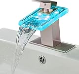 LOOPAN LED Bathroom Sink Faucet 1 Hole Waterfall Hydropower 3 Colors Changing Brushed Nickel Hot and Cold Water Mixer, Single Handle Deck Mounted Bathroom Tap Faucet Brass Lead-Free