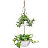 Cora June Two-Tiered Hanging Planter with Jute Rope - Lightweight Double Round Flower Pots with Hanger - Modern Vertical Garden Plant Baskets with Drainage Use - Small for 6 & 8In, White