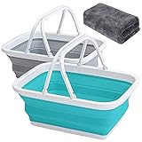 AUTODECO 2 Pack Collapsible Sink with Handle Towel, 2.37 Gal / 9L Foldable Wash Basin for Washing Dishes, Camping, Hiking and Home Gray and Blue
