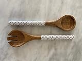 Wooden Salad Servers Spoon & Fork Long 12' Hand Carved Decorative White Motif. Hand Carved Utensils Made From Beautiful Mango Wood
