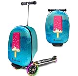 Lascoota Scooter Suitcase, Foldable Scooter Luggage For Kids - Lightweight Kids Ride on Luggage Scooter with Wheels, LED Lights - Ice Cream Graphic Suitcase Scooter, Ride On Suitcase for Kids Ages 2-5