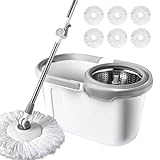 BOOMJOY Spin Mop and Bucket with Wringer Set, Easy Wring Mop for Floor Cleaning with 6 Microfiber Replacement Refills, Spinning Mop Bucket System, Stainless Steel Extended Handle