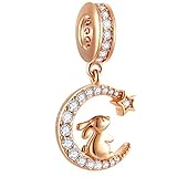 Bunny on Crescent Moon Rose Gold Dangle Charms, Fit Pandora Easter Bracelet, 925 Sterling Silver Rabbit Pendant Beads with CZ, Animal Gift for Christmas/Valentines/Mothers Day