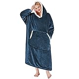 Yescool Oversized Wearable Blanket Hoodie, Flannel Sherpa Fleece Blanket Sweatshirt for Adults Women Men, Big Plush Cozy Hooded Blanket with Hood, Pocket & Sleeves, One Size Fits All (Navy Blue)