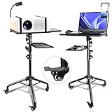 FOUTOUKEEP Laptop Projector Stand Tripod on Wheels with 2 Shelves, Portable Projector Floor Stand Adjustable Height 29.1 to 54.7 Inch with Phone Holder Stand