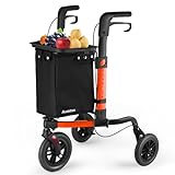 Ambliss Lightweight 3 Wheel Walker for Seniors Adult, Folding Aluminum Rollator Walker with 10' Shock Absorbing Wheels Height Adjustable Handles Tray Removable Large Bag Support Up to 400 lbs (Orange)