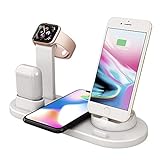 Charging Dock Stations - 4-in-1 Wireless Charging Pad, Rotating Plug Multi-Device Charger for Apple iPhone, AirPods, iWatch, Samsung Galaxy S20, and Other Qi-Enabled Devices, White
