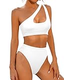 Holipick Women's One Shoulder High Waisted Cheeky Bikini Set Two Piece Swimsuits Cut Out Bathing Suit Sport Swimwear M White