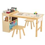 Bateso Kids Art Table and 2 Chairs with Roll Paper, Craft Table with Large Storage Shelves, Drawing Desk, Kids Activity Table and Study Table, Activity & Crafts for Children Wooden Furniture
