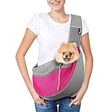 Pawaboo Pet Dog Sling Carrier, Hand Free Drawstring Dog Papoose with Adjustable Strap, Breathable Mesh Bag for Puppy Cat, Crossbody Satchel Dog Purse with Pocket for Outdoor Travel, Rose Red, Large