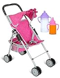 fash n kolor Doll Stroller with Basket, My First Denim Pink Foldable Baby Doll Umbrella Doll Stroller Fits Upto 18' Dolls, Gift Toys for Girls ,Baby Doll Accessories Include 2 Free Magic Bottles