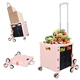 Folding Utility Cart Portable Rolling Crate Handcart with Stair Climbing Wheels&360°Swivel Wheels Telescoping Handle Heavy Duty Plastic Box Dolly for Travel Shop Move Office Teacher Use(Pink Climber)