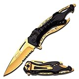 MTech USA – Spring Assisted Folding Knife – Partially Serrated Gold TiNite Coated Stainless Steel Blade, Black Aluminum Handle, Pocket Clip, Tactical, EDC, Self Defense- MT-A705BG