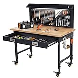ACONEE 48' x 24' Adjustable Workbench 2000 Lbs Capacity, Rubber Wood Shop Table Heavy Duty Workstation with Drawer Table, Backplate, Metal Frame, Wood Top Workbench for Workshop Office Home Garage