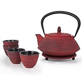 26 oz Japanese Cast Iron Pot Tea Set w/Trivet, Red