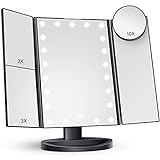 HUONUL Makeup Mirror Vanity with Lights, 2X 3X 10X Magnification, Lighted Mirror, Touch Control, Trifold Dual Power Supply, Portable LED Women Gift (Black)