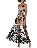 Dress the Population womens Embellished Plunging Gown Sleeveless Floral Long Dress, Black/Nude Sidney, Large US
