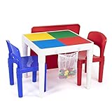 Humble Crew, White/Blue/Red Kids 2-in-1 Plastic Building Blocks-Compatible Activity Table and 2 Chairs Set, Square, Toddler