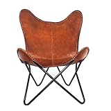 Brown Leather Accent Chair/Side Hand Stitch Leather Butterfly Chair Boho Home Décor/Living Room Chair - Cover with Folding Frame (Black Iron Frame)