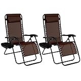 Goplus Zero Gravity Chair, Adjustable Folding Reclining Lounge Chair with Pillow and Cup Holder, Patio Lawn Recliner for Outdoor Indoor Pool Camp Yard (Set of 2, Brown)