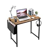 Lufeiya Small Computer Desk Study Table for Small Spaces Home Office 31 Inch Rustic Student Laptop PC Writing Desks with Storage Bag Headphone Hook,Brown