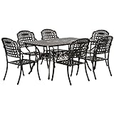 Outsunny 7-Piece Patio Dining Set, Cast Aluminum Outdoor Furniture Set with 6 Armchairs, 1 Table and Umbrella Hole, Bronze