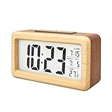 Everwood Battery Operated Wooden LCD Digital Alarm Clock, Smart Sensor Night Light with Snooze, Date, Temperature, 12/24Hr Switchable, Easy to Use for Bedrooms (Wood)